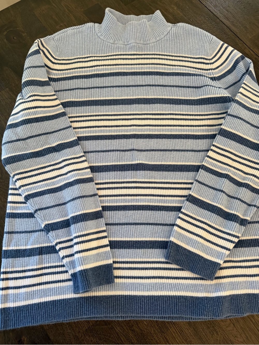 Karen Scott Cotton Blue, Navy & White Striped Turtleneck Sweater
